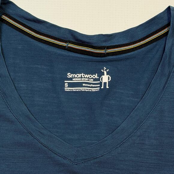 Smartwool Merino Sport 120 Shirt Womens Small Blue V Neck Short Sleeve Wool - Picture 9 of 12